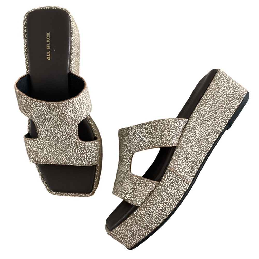All Black Platform Slide Sandals Womens 40 9.5 H-Strap Brown Silver Luxe $175